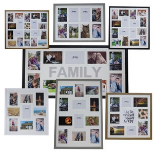 May include: A selection of multi-photo picture frames in various colours and styles. Frames include brown, black, grey, and white frames. Some frames have the word "FAMILY" or "Live for moments you can't words" printed on them.