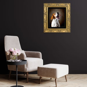 May include: A framed photograph of a beagle dog with its mouth open, looking up at something off-camera. The dog is brown and white and has a red collar. The frame is gold and ornate.