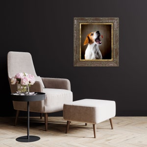 May include: A framed photograph of a beagle dog with its mouth open, looking up at a red object. The frame is ornate and has a gold finish. The dog is in a studio setting with a brown background.