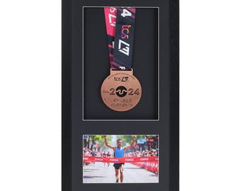 Medal display Frame with Apertures for Bib and Photo. Handmade. Perfect for Runners, Swimmers, Cyclists, Athletes | Marathon Medals
