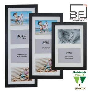 May include: Three black picture frames with white mounts, each with multiple openings for photos. The frames are made from sustainably sourced wood. The largest frame has four openings, the middle frame has three openings, and the smallest frame has two openings. The frames are labelled with the text "Boldon Framing" and the size of the photos they fit. The text "Sustainably Sourced Wood" is printed below the frames.