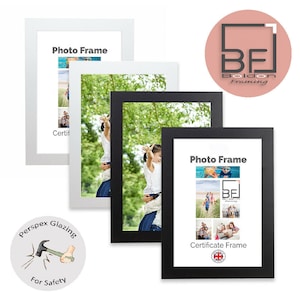 May include: Three black and white photo frames with a white mount and a black mount. The frames are all the same size and have a simple design. The top frame says "Photo Frame" and the bottom frame says "Certificate Frame".