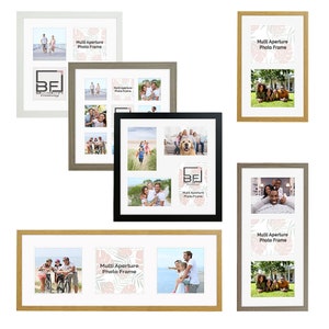 May include: Set of six multi-aperture photo frames in various colours and sizes. The frames are made of wood and have a white mount. Each frame has a different number of openings for photos. The frames are all labelled "Multi Aperture Photo Frame".