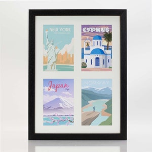 May include: A black picture frame with a white mount and four postcard-style images. The top left image shows the Statue of Liberty in New York City with the text "New York, The Wonder City". The top right image shows a white church with a blue dome in Cyprus. The bottom left image shows Mount Fuji in Japan with the text "Japan, Fuji". The bottom right image shows a mountain range in Norway.