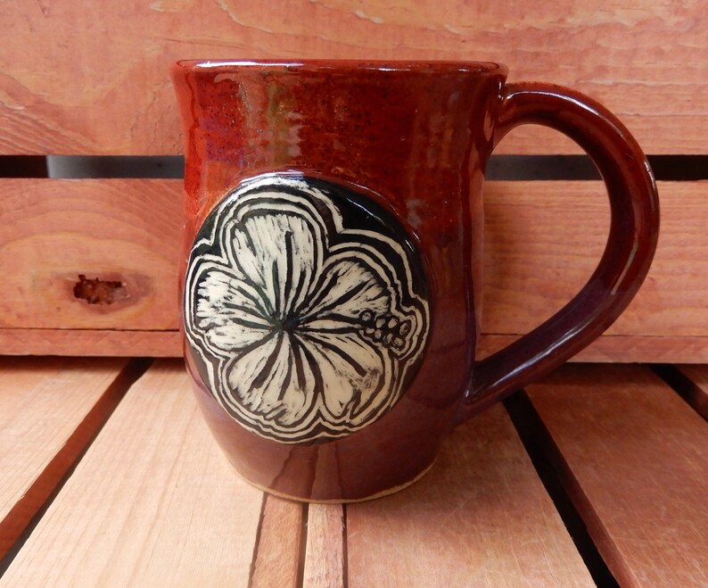 Hibiscus Mug, Red, Natureinspired, Handthrown Pottery Made Especially