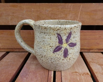 Comfort Flower Mug, Tan Mug, Purple Flower, Nature-Inspired, Hand-Thrown Pottery made especially for you, Microwave, Dishwasher, Oven Safe