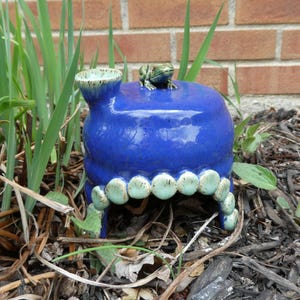 May include: A vibrant blue ceramic frog house with a small frog figurine on top. The house has a rounded shape with a series of light green accents around the opening. The frog house is surrounded by greenery and mulch.