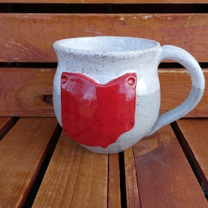 Ohio Mug/White and Gray with Red Ohio/Nature Inspired/Dishwasher, Oven, Dinner Safe/Yellow Creek Pottery