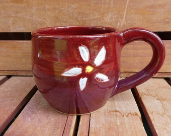 Comfort Flower Mug, Red Mug, White Flower, Nature-Inspired, Hand-Thrown Pottery made especially for you, Microwave, Dishwasher, Oven Safe