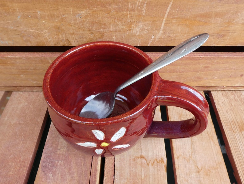 Cozy Flower Mug, Red Mug, White Flower, Natureinspired, Handthrown