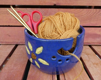 Yarn Bowl, Classic Blue with Yellow Flower Design, Yarn Organizer, Nature-Inspired, Hand-Thrown, Yellow Creek Pottery