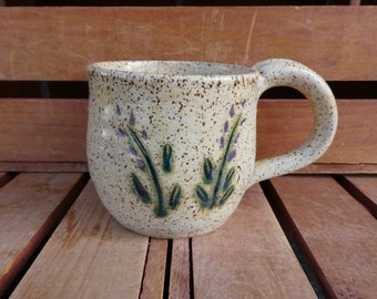 Lavender Mug/Tan Mug with Herb Design/Nature Inspired/Dishwasher, Oven, Dinner Safe/Yellow Creek Pottery