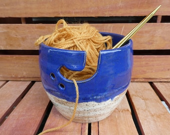 Yarn Bowl, Blue and Tan, Yarn Organizer, Nature-Inspired, Hand-Thrown Pottery, Microwave, Dishwasher, Oven Safe