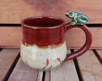 Froggy Mug/Red with Green Frog on Wetland Design/Nature-Inspired/Microwave, Dishwasher, Oven Safe/Yellow Creek Pottery