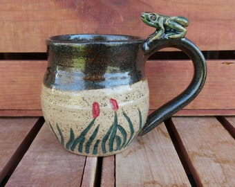 Froggy Mug/Brown Sparkle with Green Frog on Wetland Design/Nature-Inspired/Microwave, Dishwasher, Oven Safe/Yellow Creek Pottery