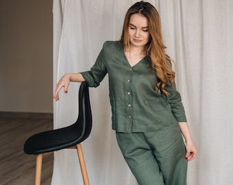 Casual linen set for women, Linen women shirt and oversized cullotes, Linen woman suit, Plus Size Pants, Linen women clothes