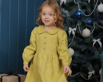 Robe de fille en lin de Noël, Robe de fille à col moutarde, Robe en lin pour tout-petit, Robe de poudre de concours pour fille, Robe d’anniversaire de fille