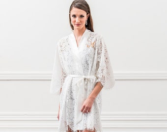 Vestaglia da Sposa Ricamato con Pizzo Bianco - Personalized Embroidered Lace Bridal Wedding Robe - White