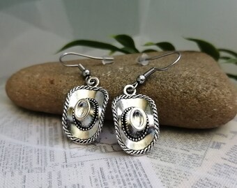 Cowboy hat earrings- Silver plated charms on hypoallergenic stainless steel earring hooks