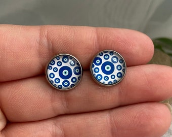 Evil eye stud earrings- 12mm evil eye stainless steel cabochon stud earrings, hypoallergenic