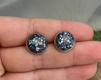 Holographic glitter stud earrings- 12mm cabochon hypoallergenic stainless steel studs with backings