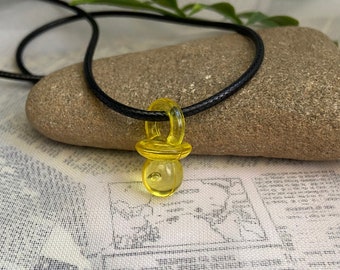 Yellow mini pacifier necklace- Plastic transparent pacifier charm on 18” wax cord necklace with 2” extension chain