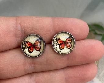 Monarch butterfly stud earrings- 12mm stainless steel cabochon stud earrings, hypoallergenic
