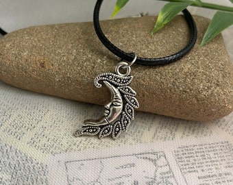 Moon necklace- silver plated moon charm on an 18” black wax cord necklace with a 2” extension chain, hypoallergenic