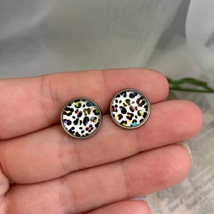 Colorful cheetah print stud earrings 12mm 90's vibe cabochon stainless steel studs, hypoallergenic