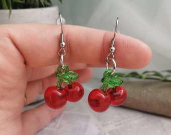 Cherry earrings- acrylic charms on hypoallergenic stainless steel earring hooks
