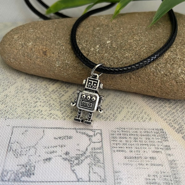 Robot necklace- Silver plated charm on 18" wax cord necklace with 2" extender with lobster clasp closure, hypoallergenic