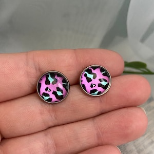 Colorful cheetah print stud earrings 12mm 90's vibe cabochon stainless steel studs, hypoallergenic