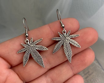 Pot leaf earrings- Silver plated charms on hypoallergenic stainless steel earring hooks