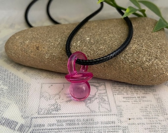 Dark pink mini pacifier necklace- Plastic transparent pacifier charm on 18” wax cord necklace with 2” extension chain