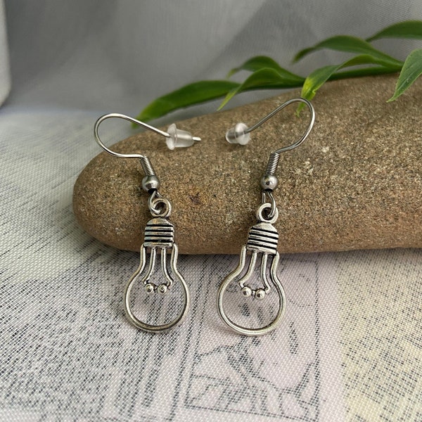 Light bulb earrings- 21x11mm silver plated zinc alloy charms on stainless steel earring hooks, hypoallergenic