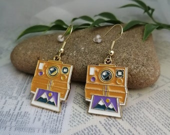 Vintage camera earrings- Gold plated enamel charms on hypoallergenic gold plated earring hooks