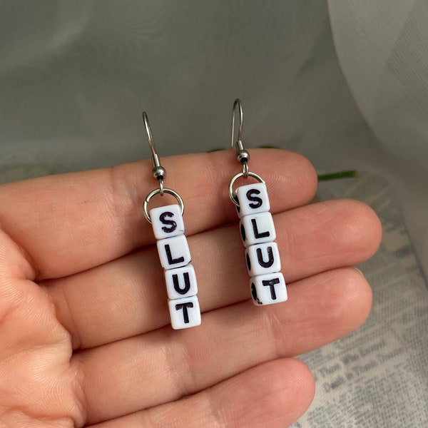 Slut earrings- Plastic beaded swear word earrings on stainless steel earring hooks, hypoallergenic