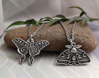 Luna moth necklaces- Silver plated moon phase moth charm on 18" stainless steel chain with 2" extender and lobster clasp, hypoallergenic
