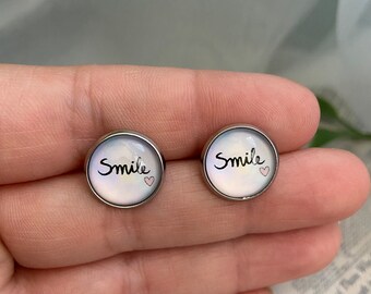 Smile stud earrings- 12mm stainless steel cabochon stud earrings, hypoallergenic