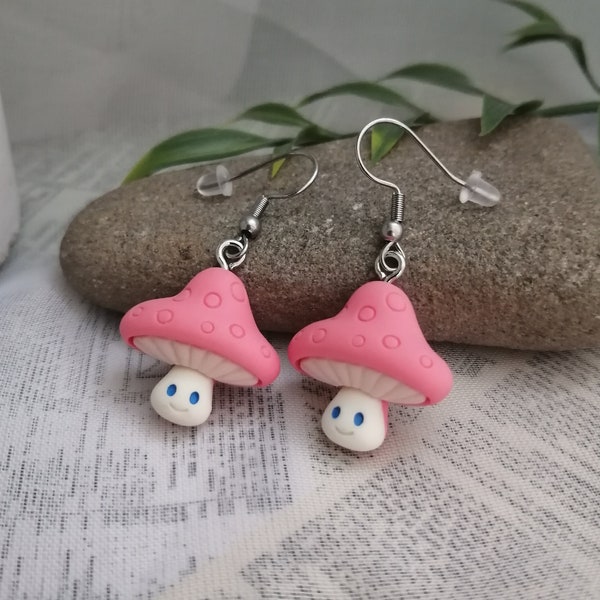 Smiling mushroom earrings- Resin flat back pink mushroom with blue eyes and a smile charms on stainless steel earring hooks, hypoallergenic
