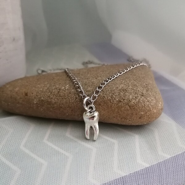 Tooth necklace- Silver plated charm on 18" stainless steel chain with lobster clasp, hypoallergenic