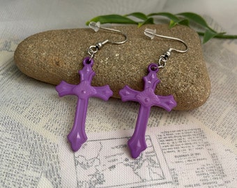 Purple cross earrings- plastic charms on stainless steel earring hooks, hypoallergenic