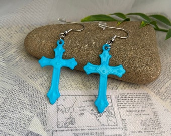 Blue cross earrings- plastic charms on stainless steel earring hooks, hypoallergenic
