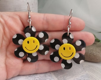 Groovy happy face flower earrings- Acrylic polka dot flower charms on stainless steel earring hooks, hypoallergenic