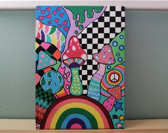 Psychedelic mushroom painting- 5x7" acrylic trippy groovy painting on canvas board, sealed for durability