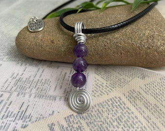Amethyst necklace- Wire wrapped crystal bead necklace on 18” wax cord with 2” extension