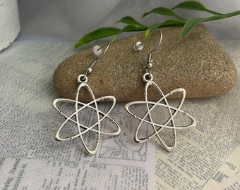 Atom earrings- 33x26mm silver plated zinc alloy charms on stainless steel earring hooks, hypoallergenic