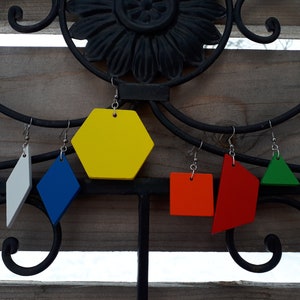 Pattern block earrings- 90's vibe geometric shape wooden earrings on stainless steel earring hooks, hypoallergenic