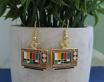 Retro television earrings- Gold plated enamel charms on gold plated earring hooks, hypoallergenic