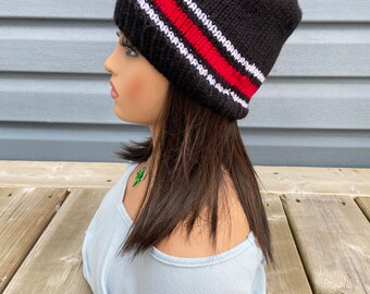Black with white and red striped band hat Women s knit beanie one size fits most stockinette stitch beanie Etsy